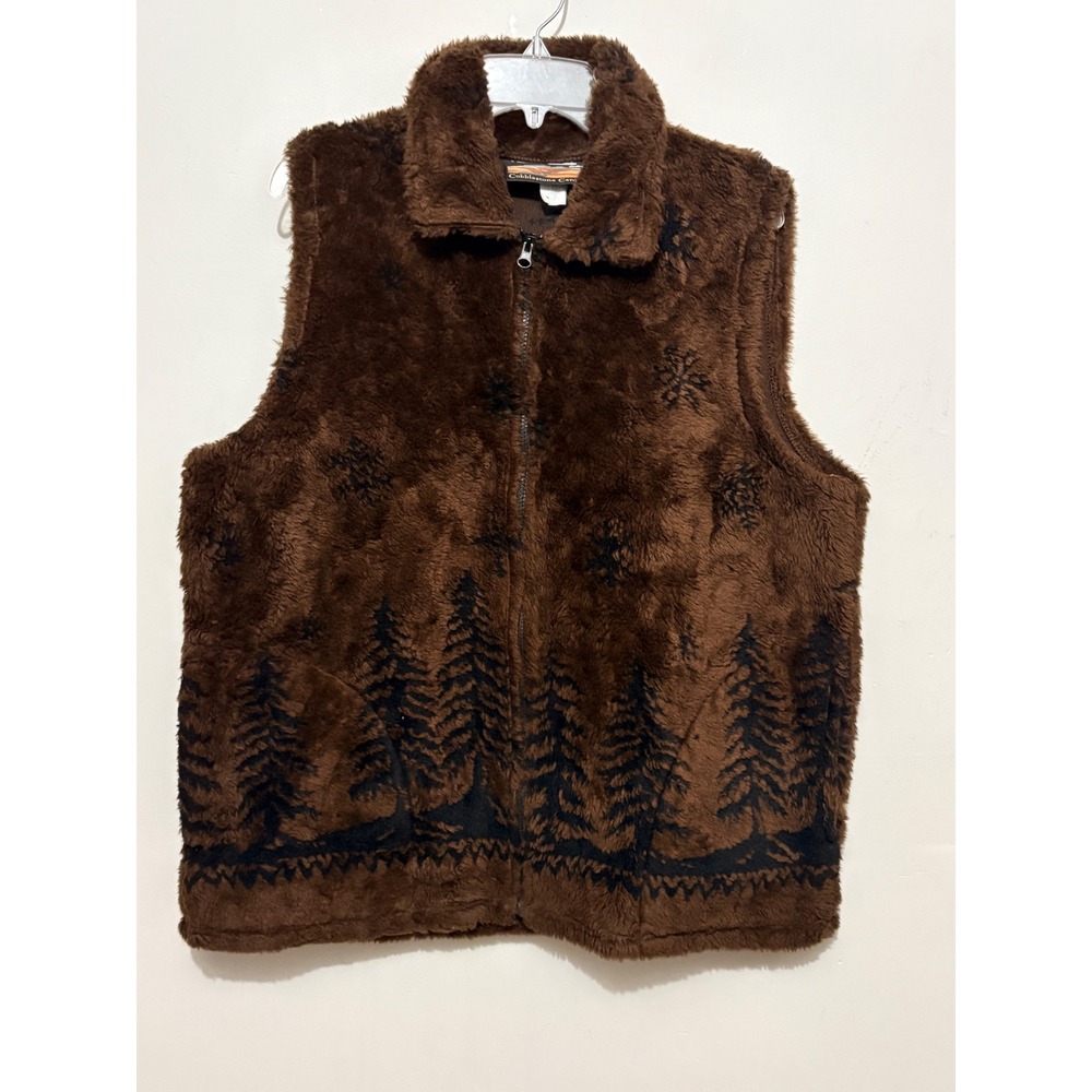 Cobblestone Canyon Brown Fleece‎ Vest Pine Tree Snowflake Full Zip Mens XL USA